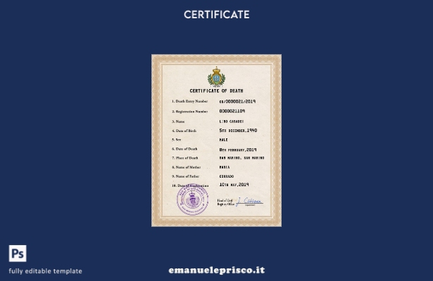 modello PSD del certificato di morte del documento di stato civile di San Marino
